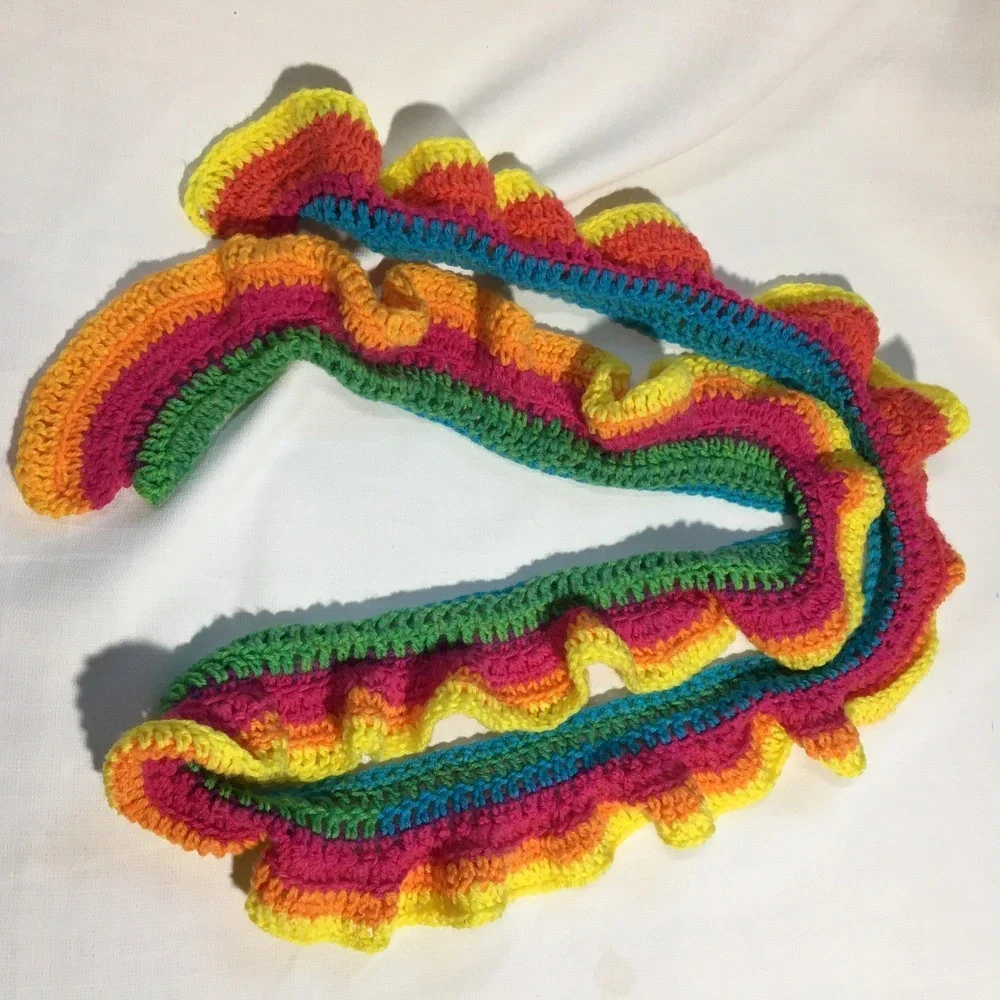 Crochet Knit Scarf Handmade Colorful Striped Yellow Blue Rainbow‎ 86